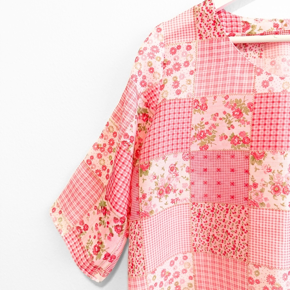 Handmade Pretty Women's Blouse Mid Sleeve Spring Patchwork Floral Gingham Large - Picture 3 of 3